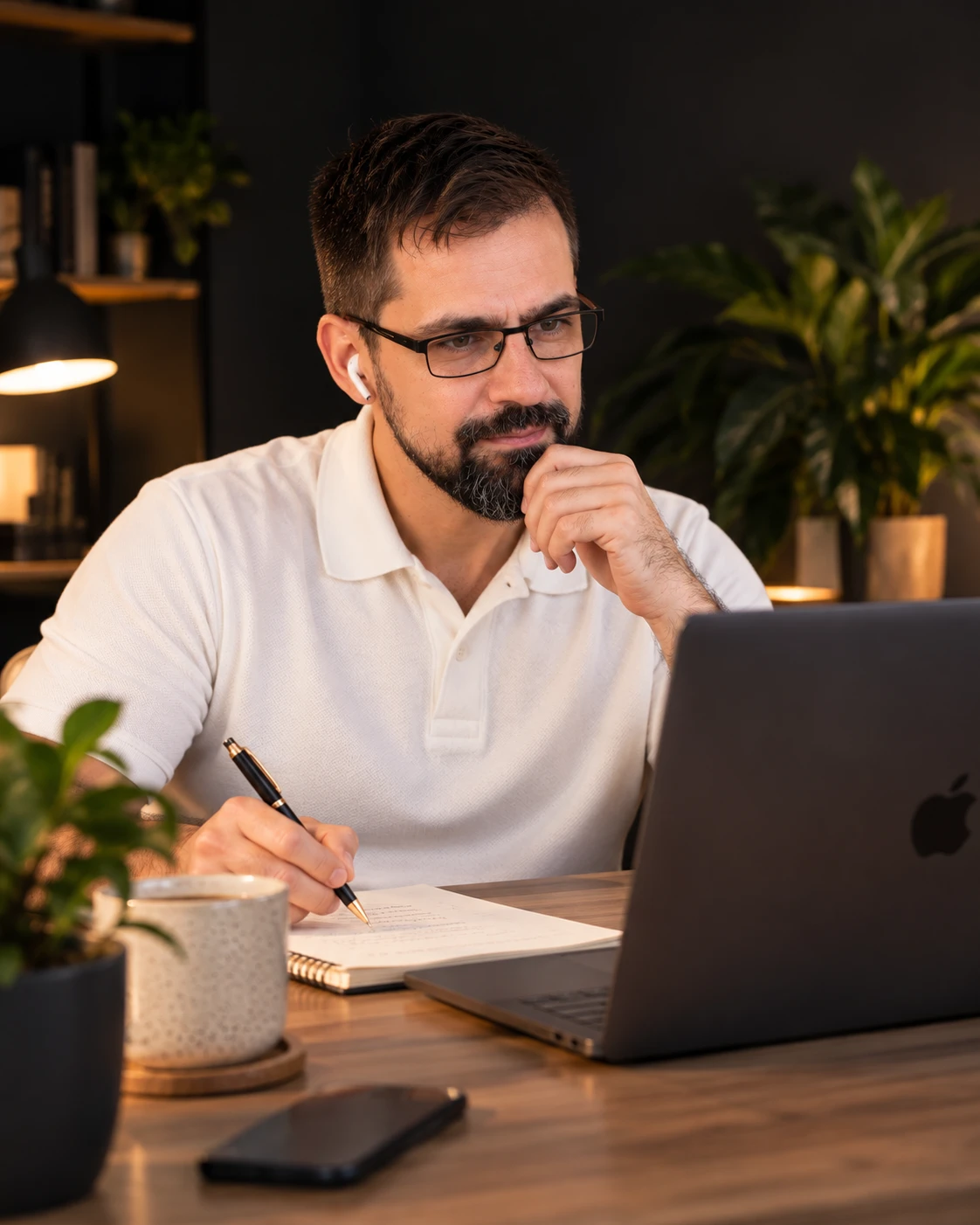 Patryk Szadkowski podczas konsultacji online, notuje przy laptopie